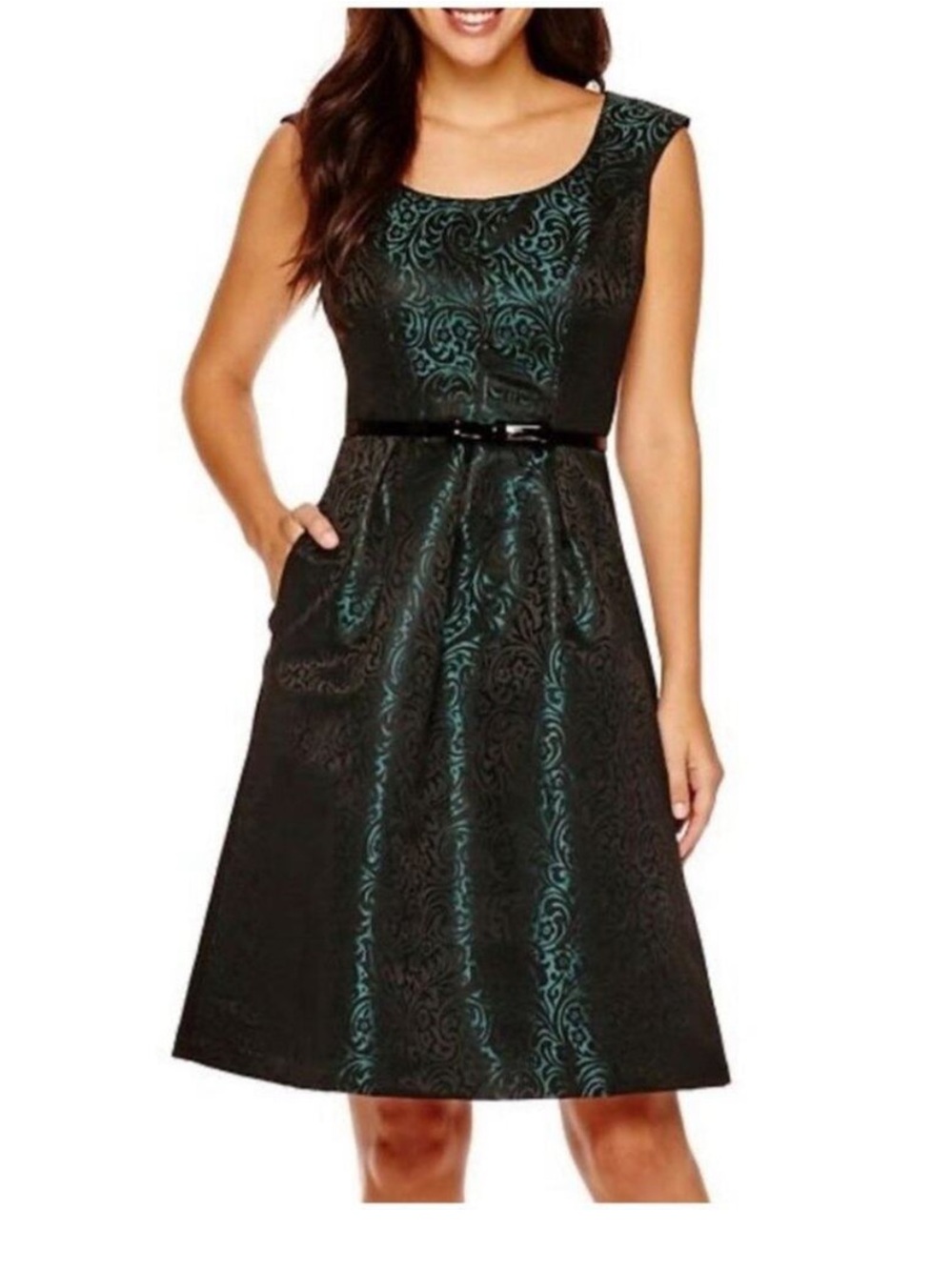 Evan Picone Black Label emerald green black brocade cocktail dress. Sz 12 NWT
